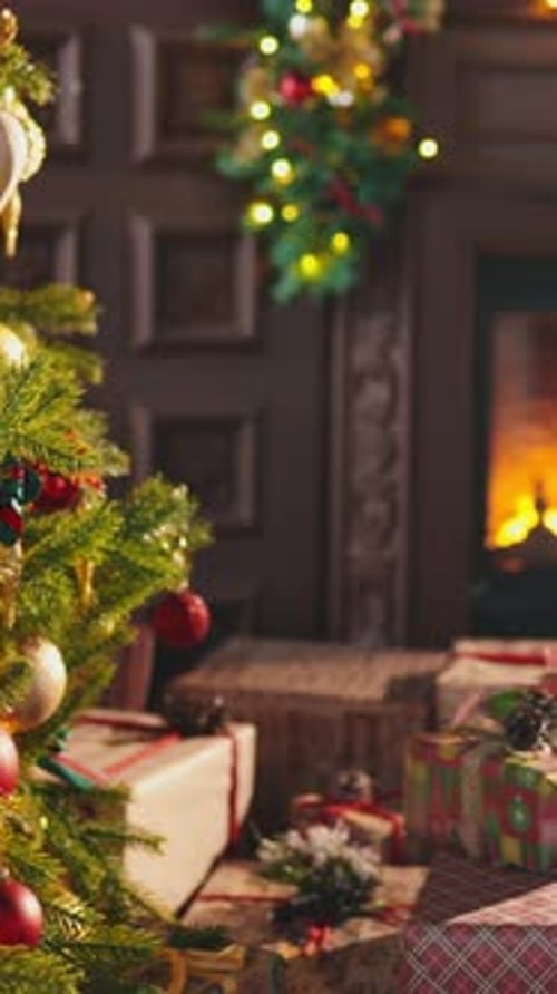 Cozy Christmas Setting with Tree and Fireplace
