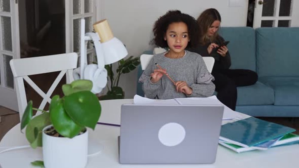 Girl Learning Online with Mother Using Mobile Phone, People Stock ...