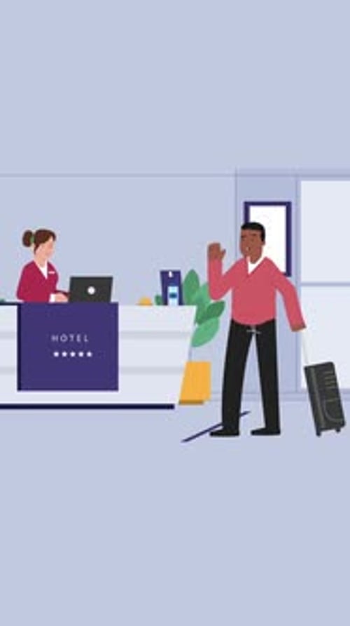 Tourist Or Traveller People Standing At Desk In Hotel Lobby On Vertical