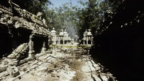 Serene Courtyard of Ruined Temple with Moss and Winding Trail