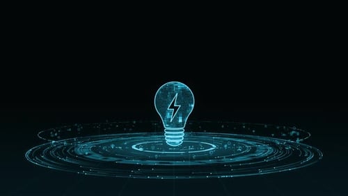 Logo de lampe numérique bleue avec rotation du cercle de particules avec icône de la technologie AI sur un thème futuriste