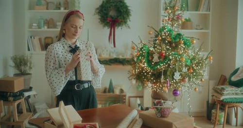Joyful Woman Decorating Wrapping Christmas Gifts For Xmas Holidays