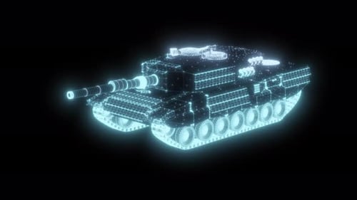 Hologramme de char de combat lourd à structure filaire bleue en 3D