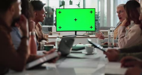 Business people, meeting or discussion with green screen for video conference or webinar at office