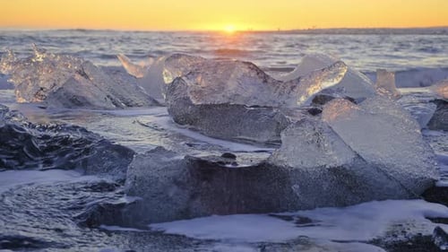 Ice Chunks On Black Volcanic Beach in Iceland Nature