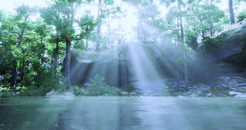Sunlight Streams Through Trees Over a Serene Water Body Near Rocky Terrain