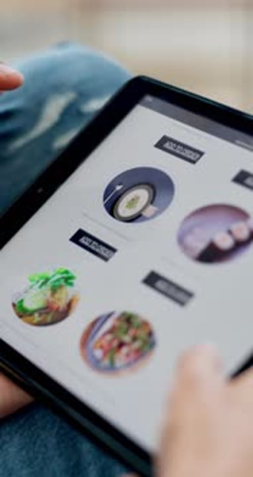Hands, tablet and online shopping for fast food in home with screen, scroll
