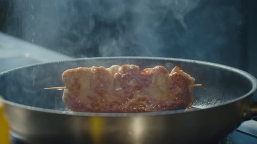 Meat Frying on a Pan Pork Battered Meat on the Pan Close Up