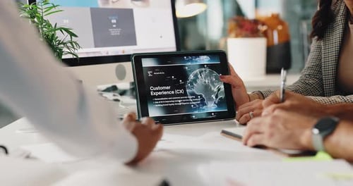 Customer experience, hands and tablet with designer people in office for education