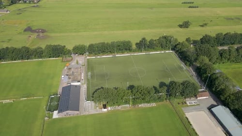 Aerial view of green soccer field of local football club