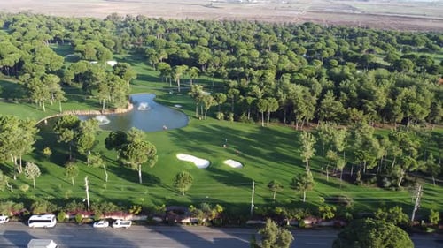 golf course and people playing golf between grass and trees aerial drone 4k