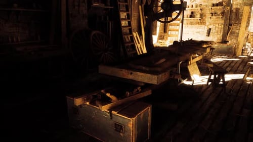 Old Workshop Filled with Tools and Wooden Furniture in Dim Lighting
