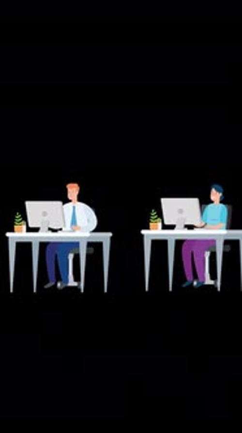 Group Of Office Workers Sitting At Desks And Communicating Or Talking On Vertical On Alpha Channel