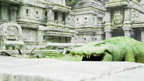 Détail d'un crocodile recouvert de mousse dans une scène historique de la cour du temple