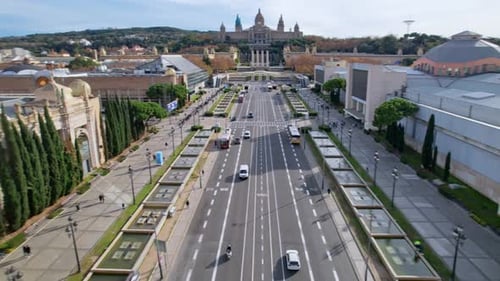 Aerial long view of Avinguda de la Reina Maria Cristina at its junction with Montjuic Palace