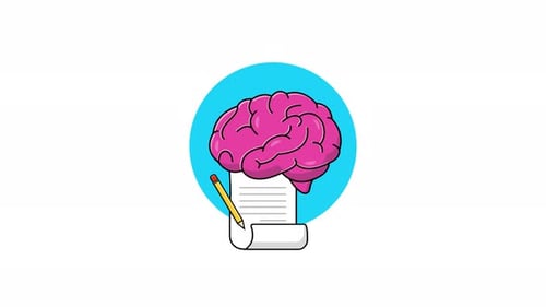 Animated Brain Writing on Scroll with Pencil Flat Design