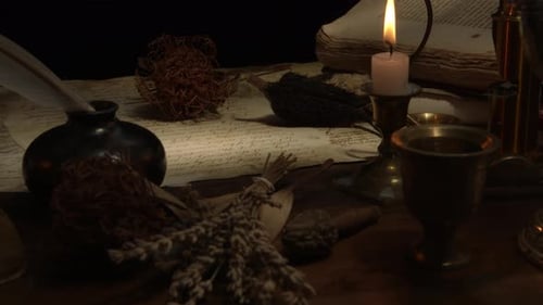 Moody Ancient Desk with Quill and Candle