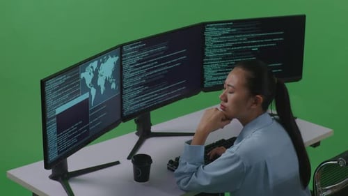 Asian Woman Thinking Write Code With Multiple Computer Screens In Green Screen