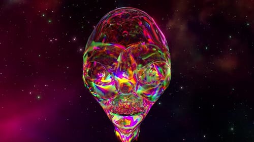 Abstract Iridescent Alien Head Rotating in Cosmic Space