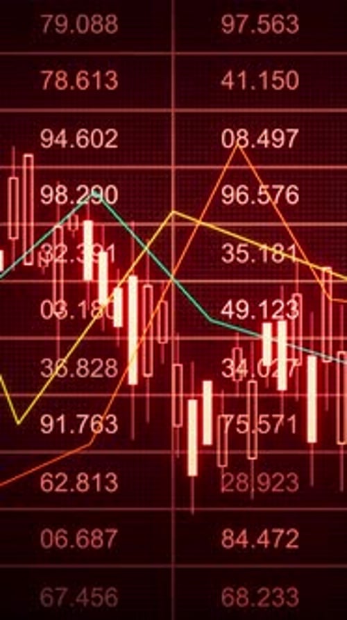 Looping 3D stock candles on red data board with moving line graphs