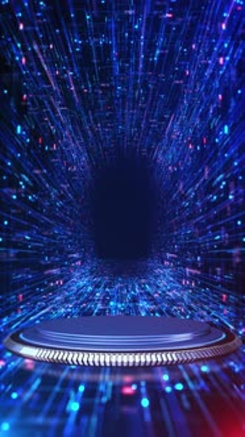 Neon Cyber Tunnel Stage Data Corridor Platform Streaming Particles Forming Scifi Environment