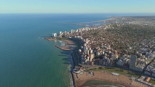 Wide aerial view of vast urban development of Mar del Plata, Argentina. Tourist destination.