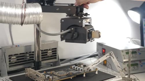 08, Infrared soldering station setup and GPU chip desoldering process. Maintenance and repair of com