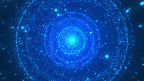 Flying through an abstract circular blue glowing digital futuristic neon VJ tunnel