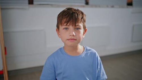 Small Pupil Looking Camera Sitting Lesson Classroom Portrait Schoolboy Posing