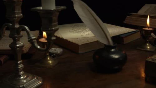 Antique Desk with Quill, Ink, Books, and Candles