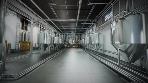 Large Steel Fermentation Tanks In Spacious Hall At Modern Alcohol Production Factory