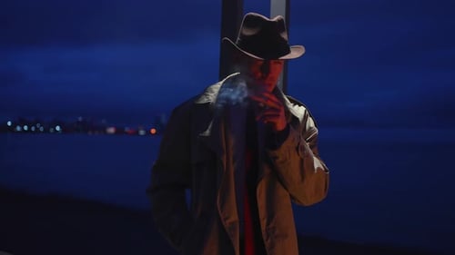 Portrait of a Serious Male Gangster Retro Style 1950 Smoking Standing Night Street