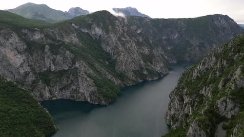 Beautiful panorama of the Piva lake canyon. Aerial view. Montenegro.