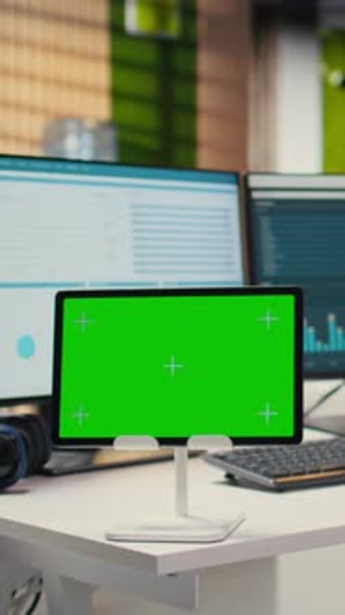 Vertical Video Empty Office Showcases Tablet with Isolated Chroma Key and Modern Tools