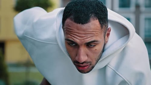 Tired Latino Biracial Sportsman Athletic Runner Stopping After Hard Physical Practice End of Workout