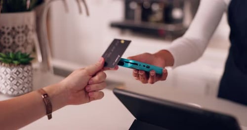 Pos, hands of woman and payment with credit card in coffee shop with barista at counter