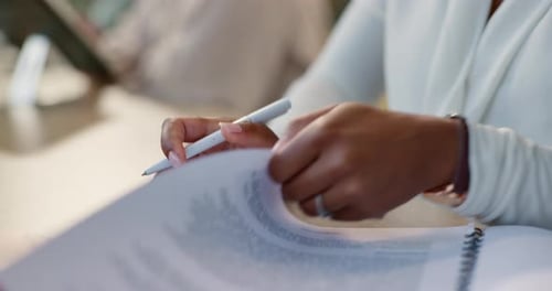 Contract, signature and hands of business woman with document, paperwork and agreement
