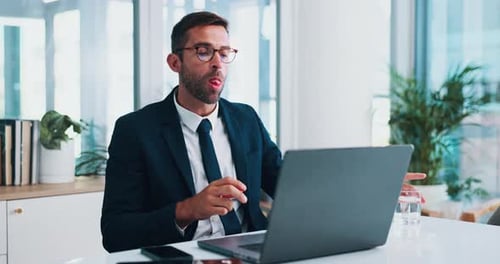 Eating, laptop and businessman in office with lunch for health, wellness or diet snack