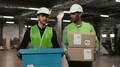 Two Workers in Warehouse Carrying Goods to Storage Walking and Talking Each Other