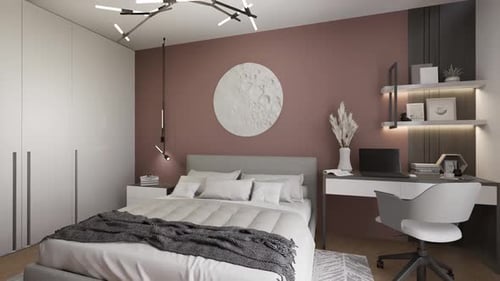 Bedroom in a minimalist, modern style with a small work area. 3D render.