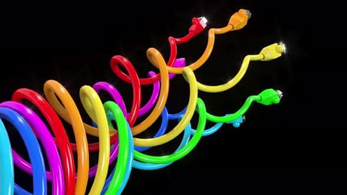 Internet Ethernet Color Cables Lan Connectors Rj45 on Black Bg Able to Loop Endless