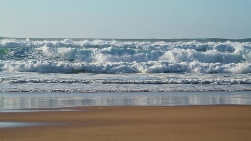 Stormy Waves Crashing Beach on Sunny Day Closeup. Dangerous Ocean Water Surf
