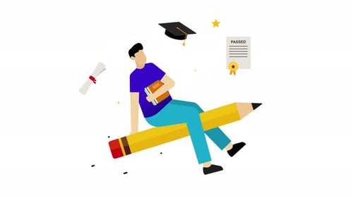 Student Flying on Pencil with Books and Graduation Certificate