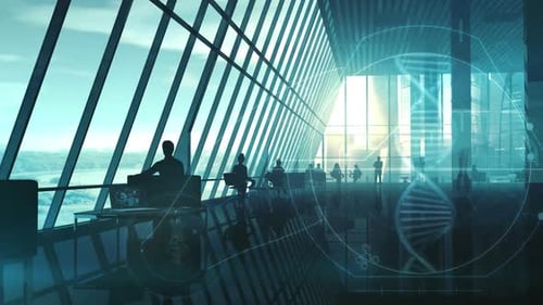Futuristic DNA Science Interface in Corporate Environment