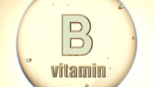 Glossy Vitamin B Molecule in Transparent Serum Drop on Light Background