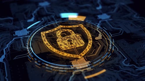 Security Hologram Virtual Hud Pin with Shield and Lock Concept of Finance Data Privacy and