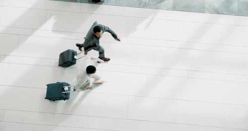 Running late, airport and businessmen with suitcase for travel, trip or journey above