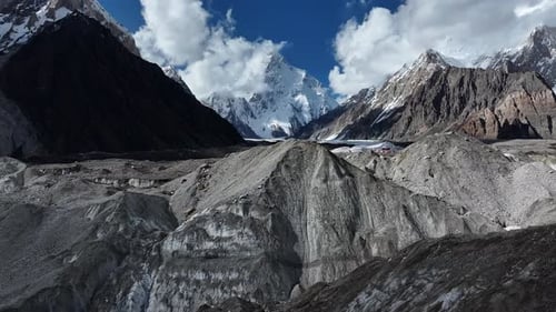 Aerial flight towards K2 Mountain in Pakistan, the world's second highest peak.