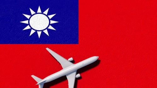 3D Airplane Flying Over Taiwan Flag Background Animation