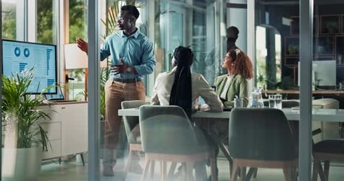 Business, people and finance presentation in office with graphs for asset management